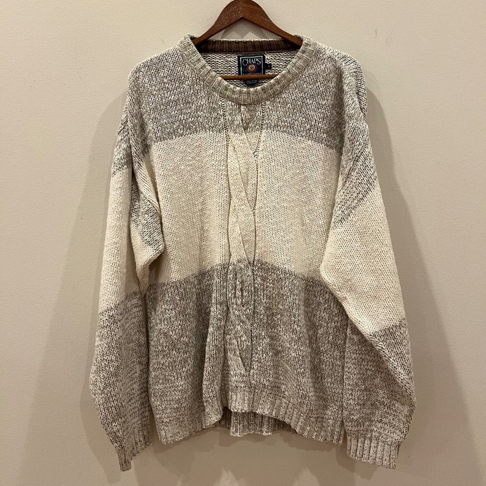 Chaps Ralph Lauren Sweater Mens Large Brown Ivory Cotton Chunky Cable Vintage